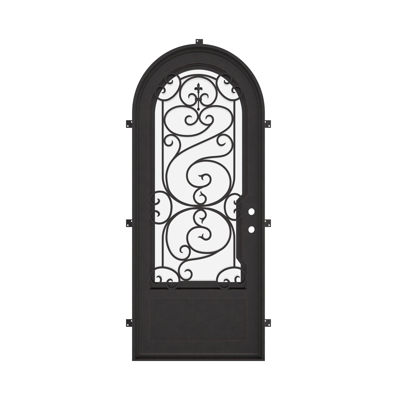 Beverly thermally broken single full arch metal entry door with tempered glass.