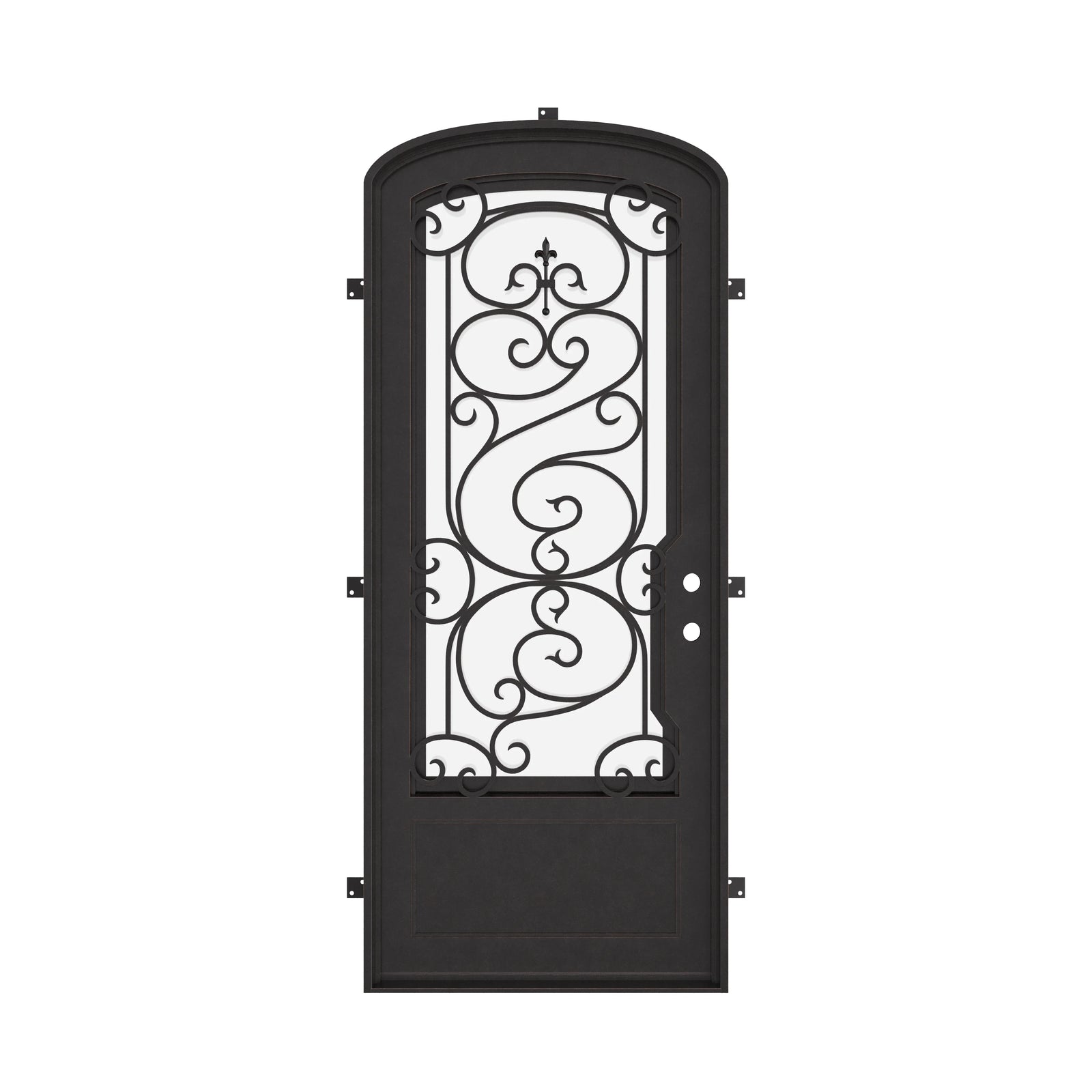 Beverly architectural black iron mini arch top single door with ornate metalwork.
