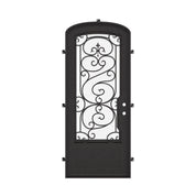 Beverly architectural black iron mini arch top single door with ornate metalwork.
