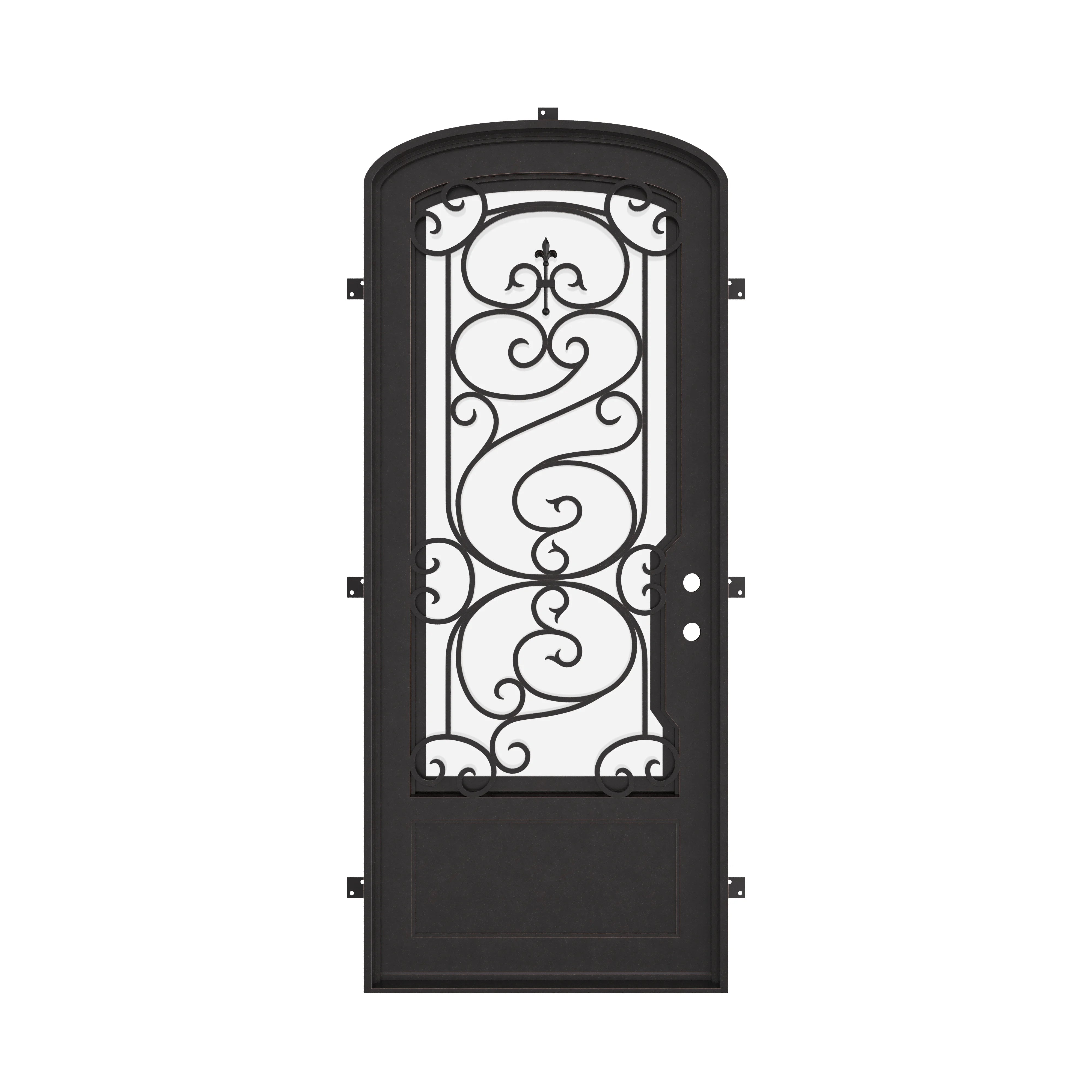 Beverly architectural black iron mini arch top single door with ornate metalwork.