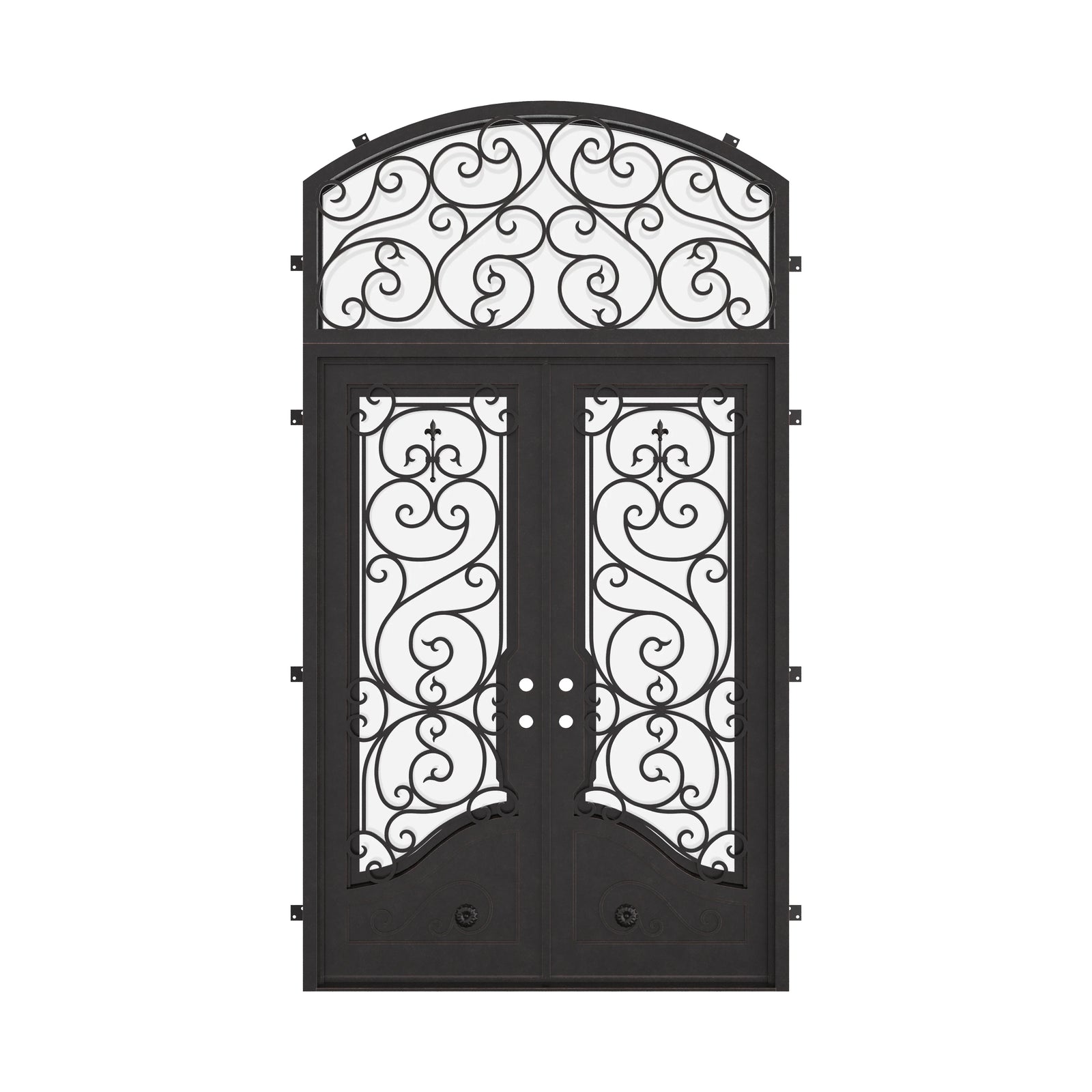 Beverly metal french door with curved top window in black color.