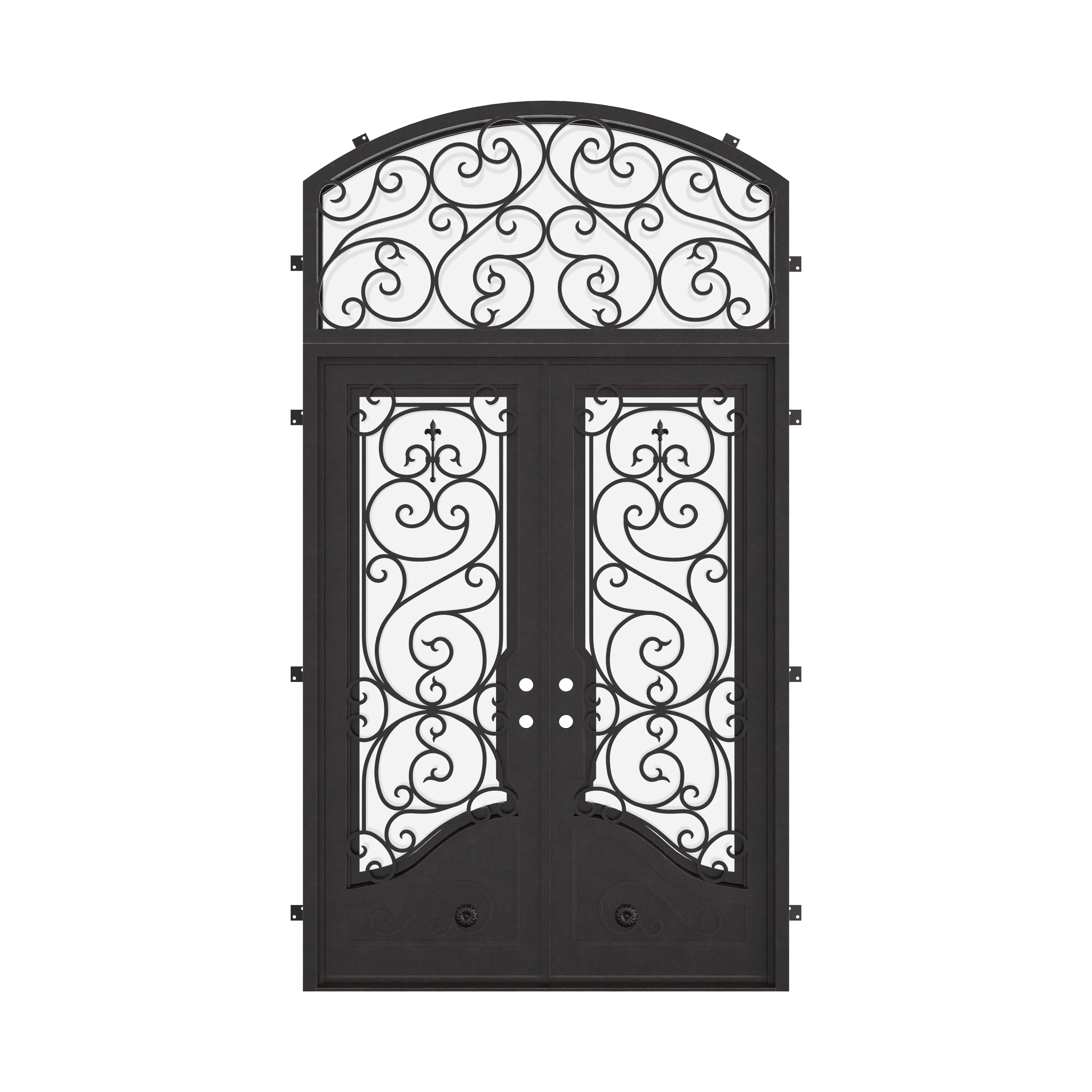 Beverly metal french door with curved top window in black color.