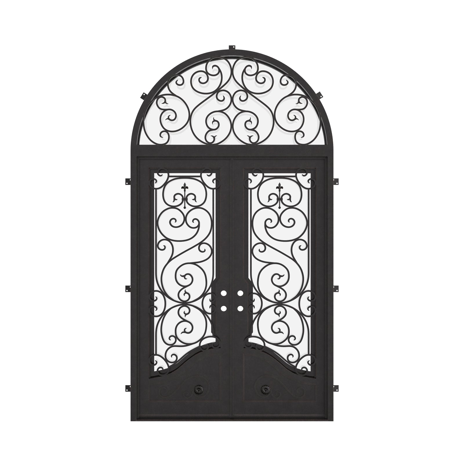 Beverly double entry swinging door with full arch top transom in matte black.