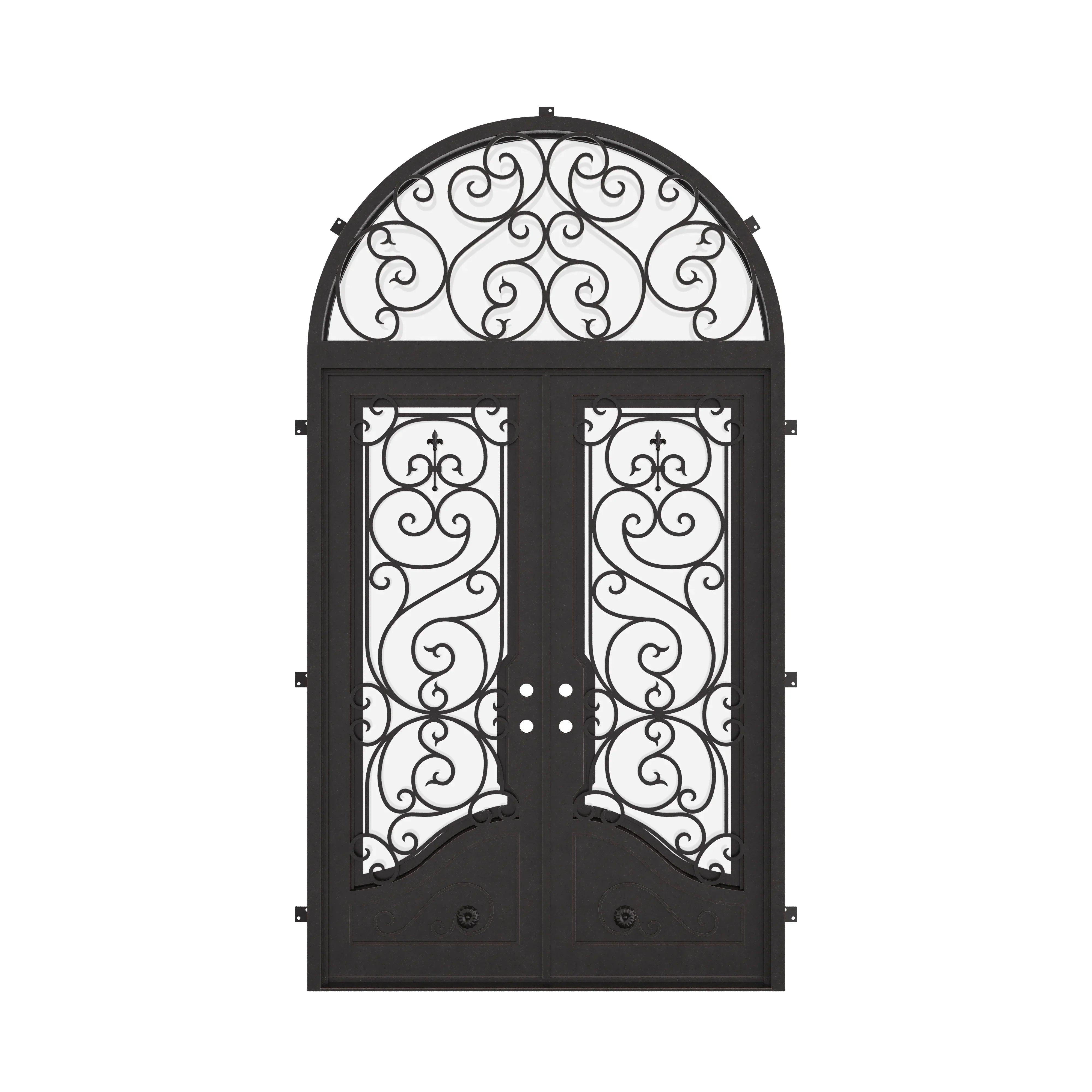 Beverly hinged french swing door for cold weather with full arch transom.