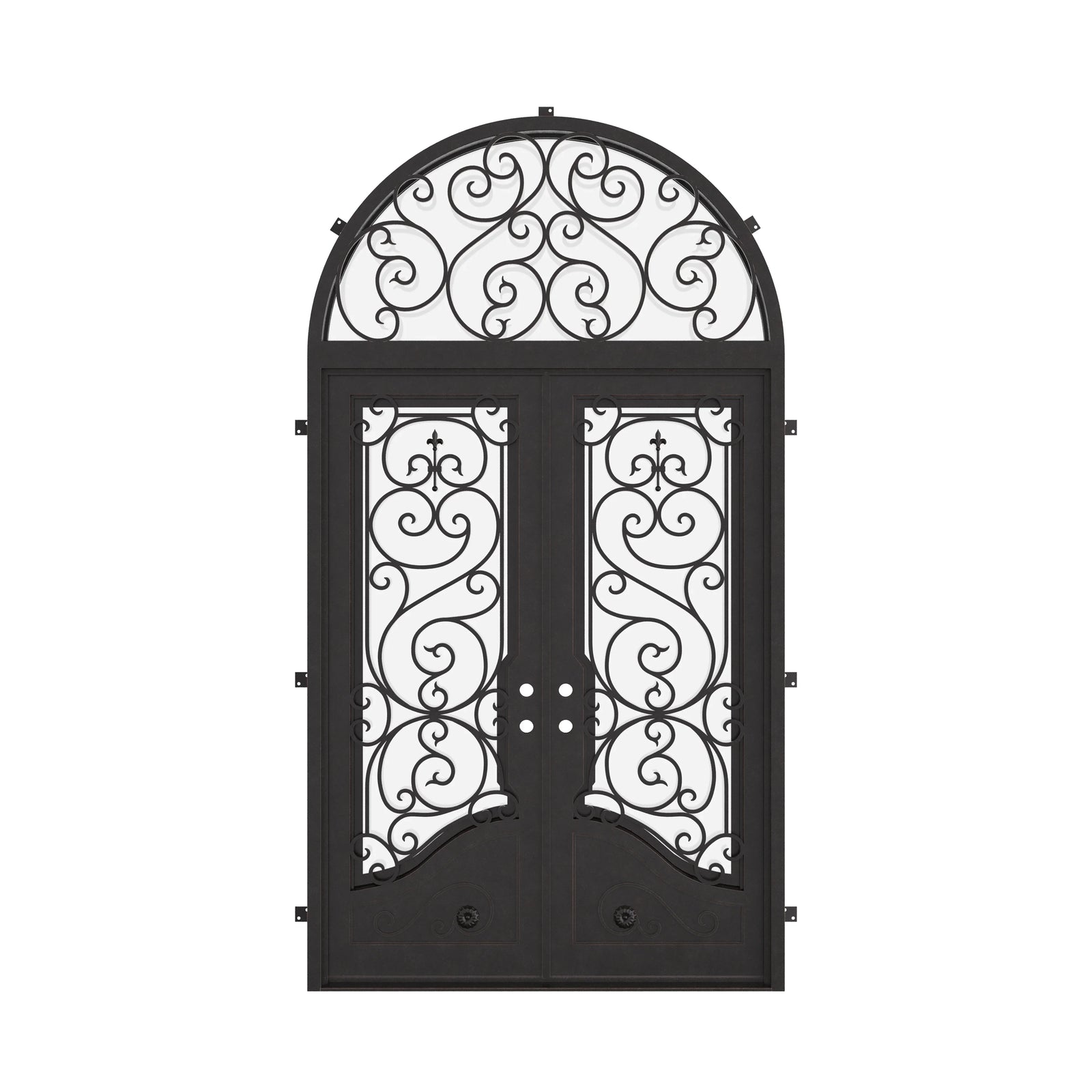 Beverly french swing door with radius top transom in matte black.
