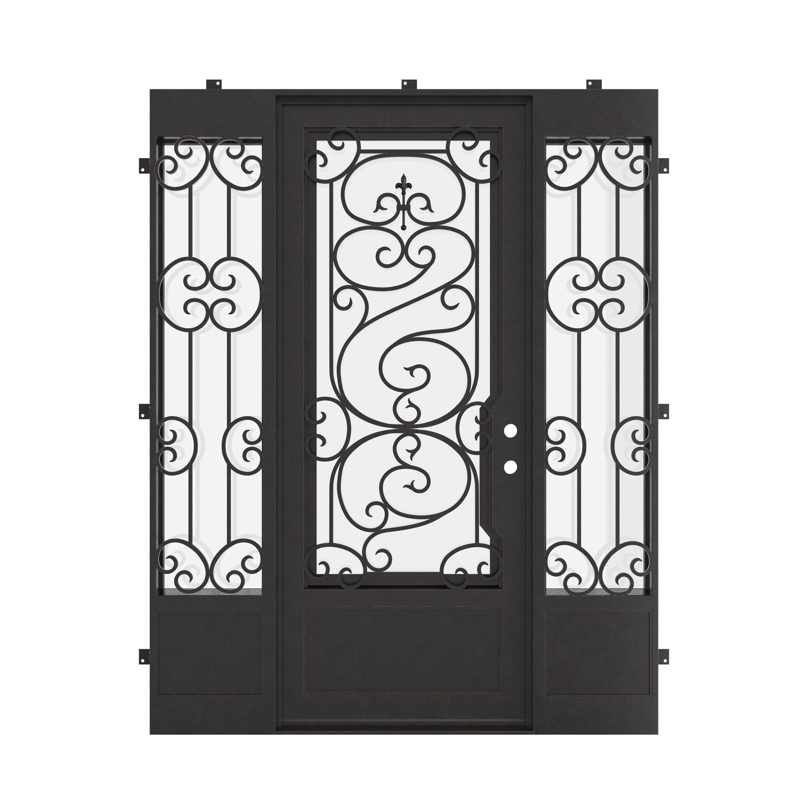 Beverly flat top patio door in bronze with thermal break and sidelights.