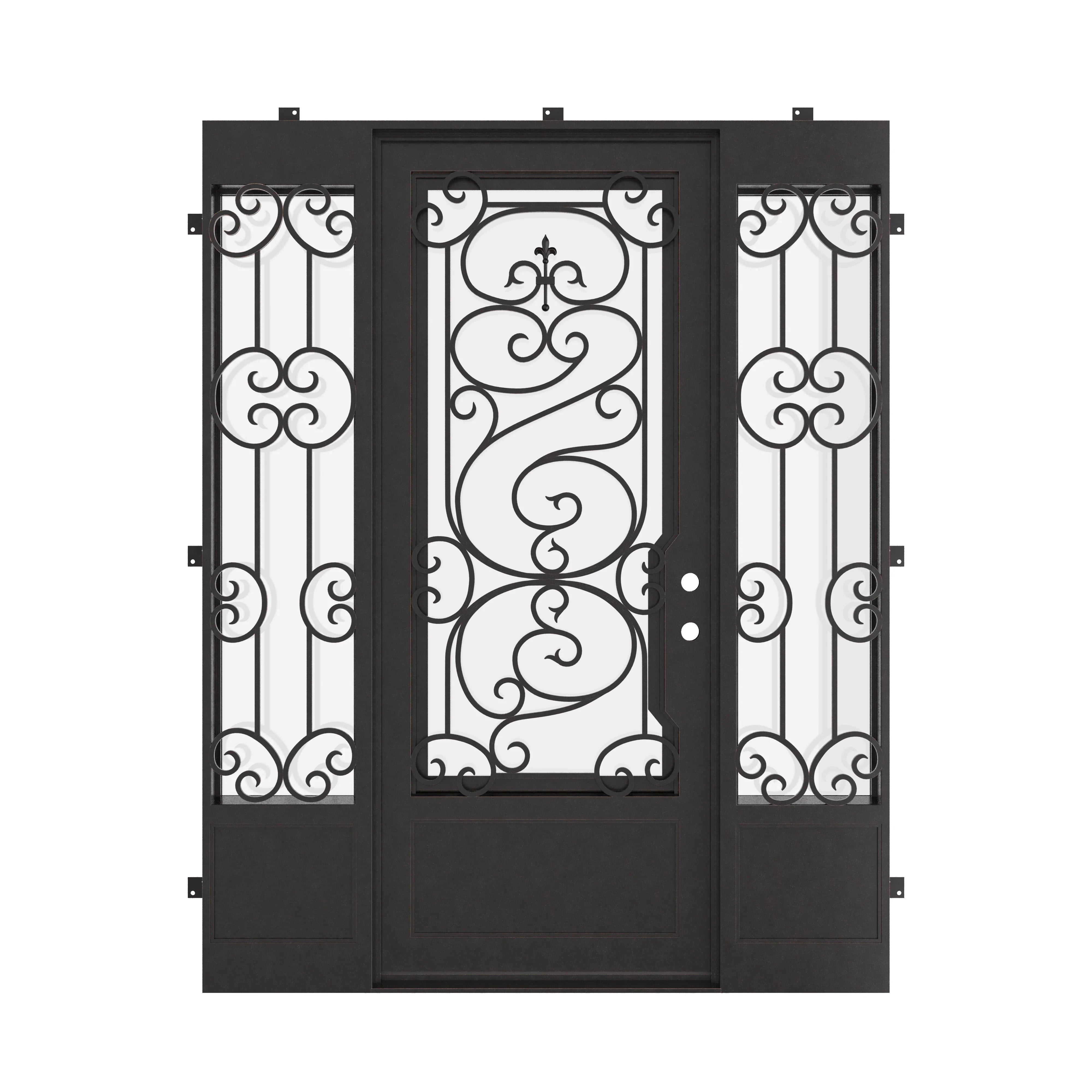Beverly flat top patio door in bronze with thermal break and sidelights.