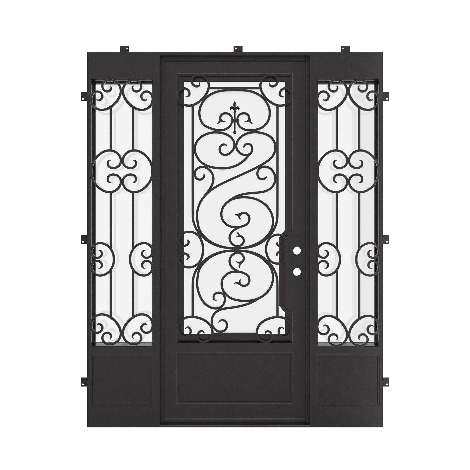 Beverly single exterior door with intricate scrollwork and side windows in matte black.