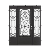 Beverly single exterior door with intricate scrollwork and side windows in matte black.
