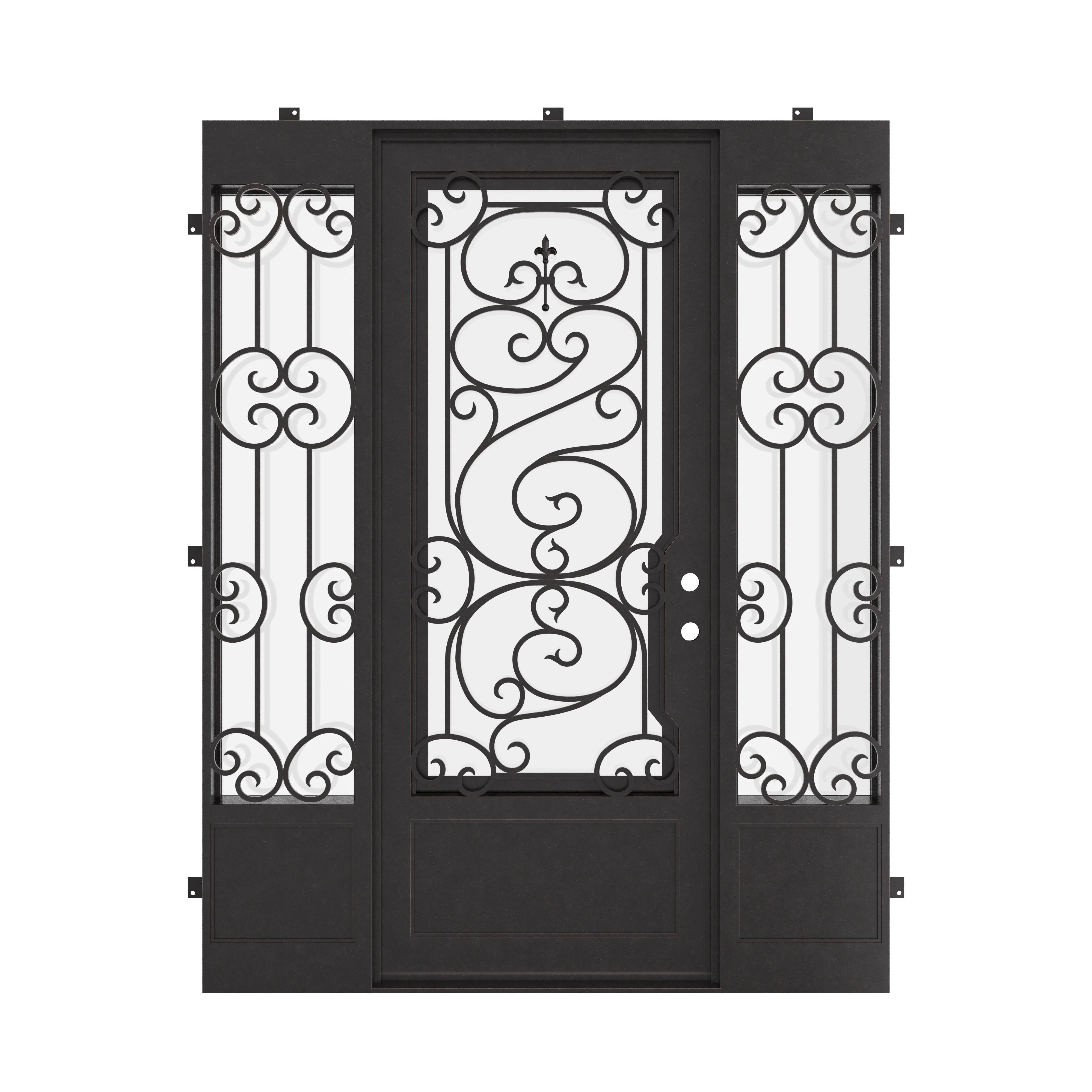 Beverly single exterior door with intricate scrollwork and side windows in matte black.