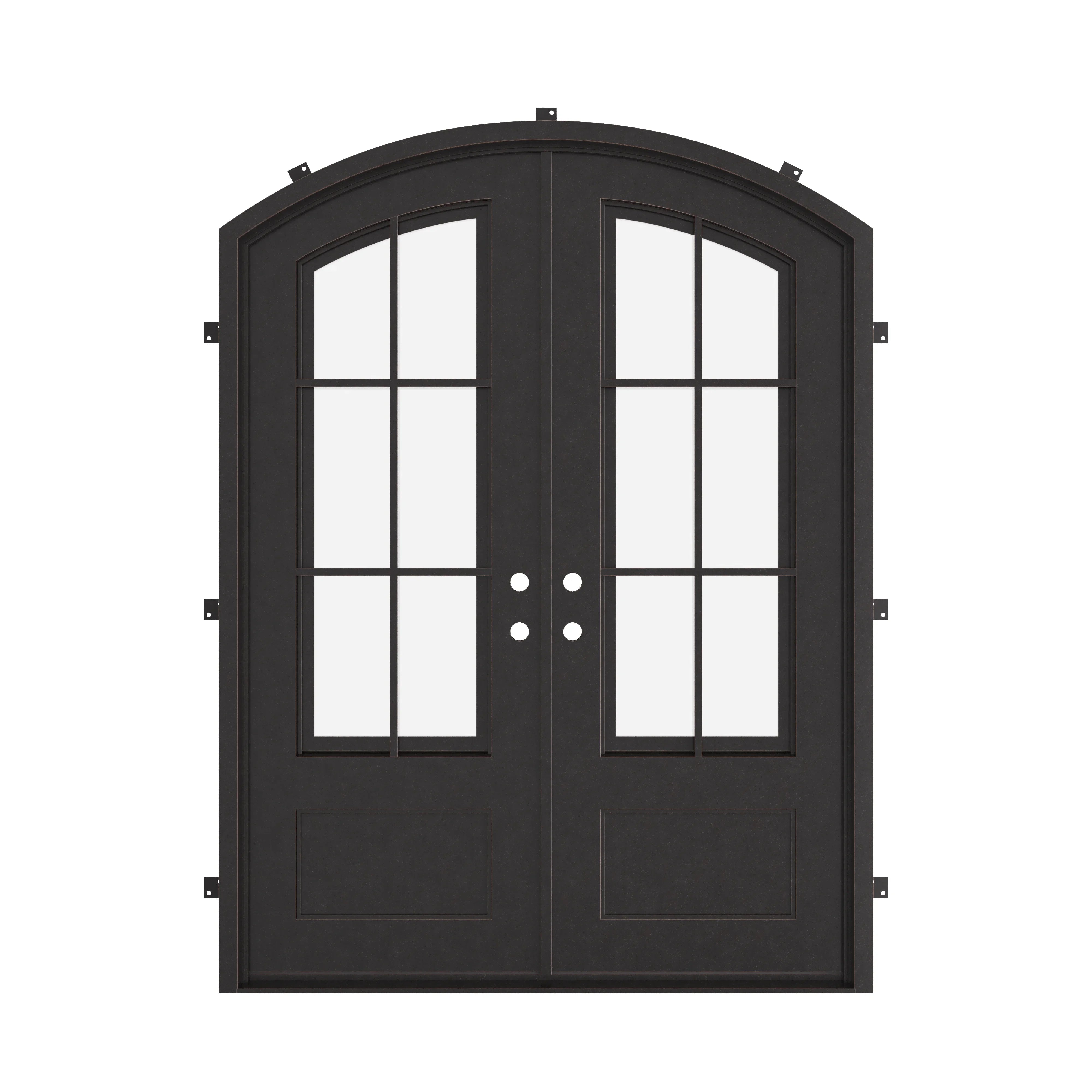Bristol bronze colored iron door with glass windows and arch top.