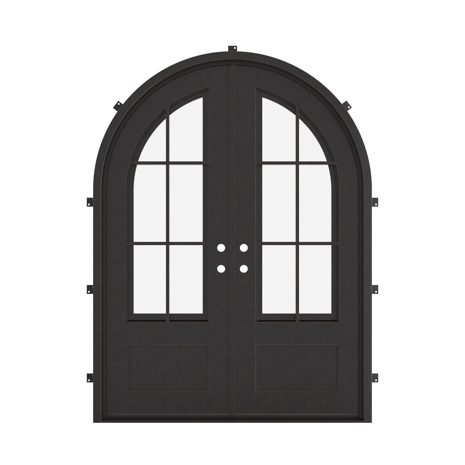 Bristol double full arch top entry door with hand forged metalwork and glass.