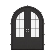 Bristol double full arch top entry door with hand forged metalwork and glass.