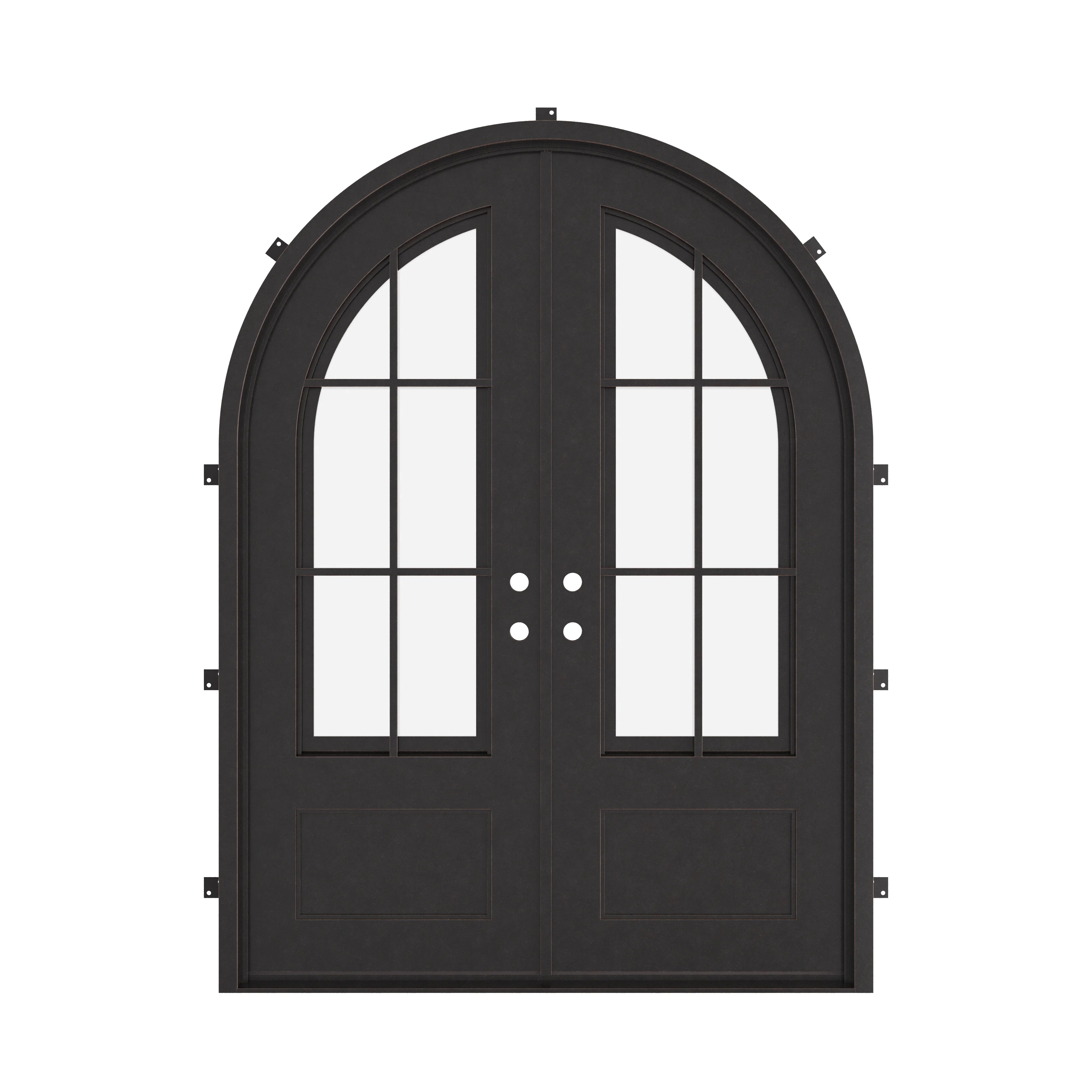 Bristol double full arch top entry door with hand forged metalwork and glass.