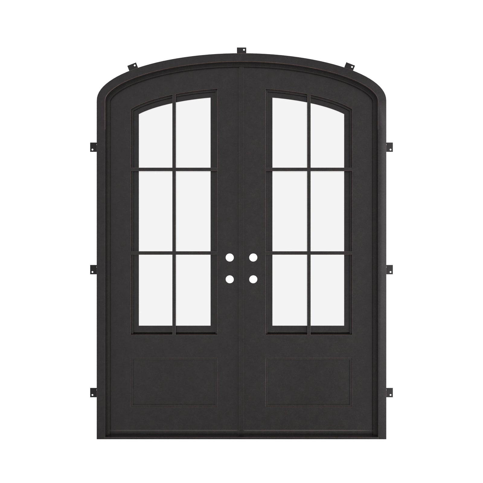 Bristol bronze color arched entry double door with glass windows.
