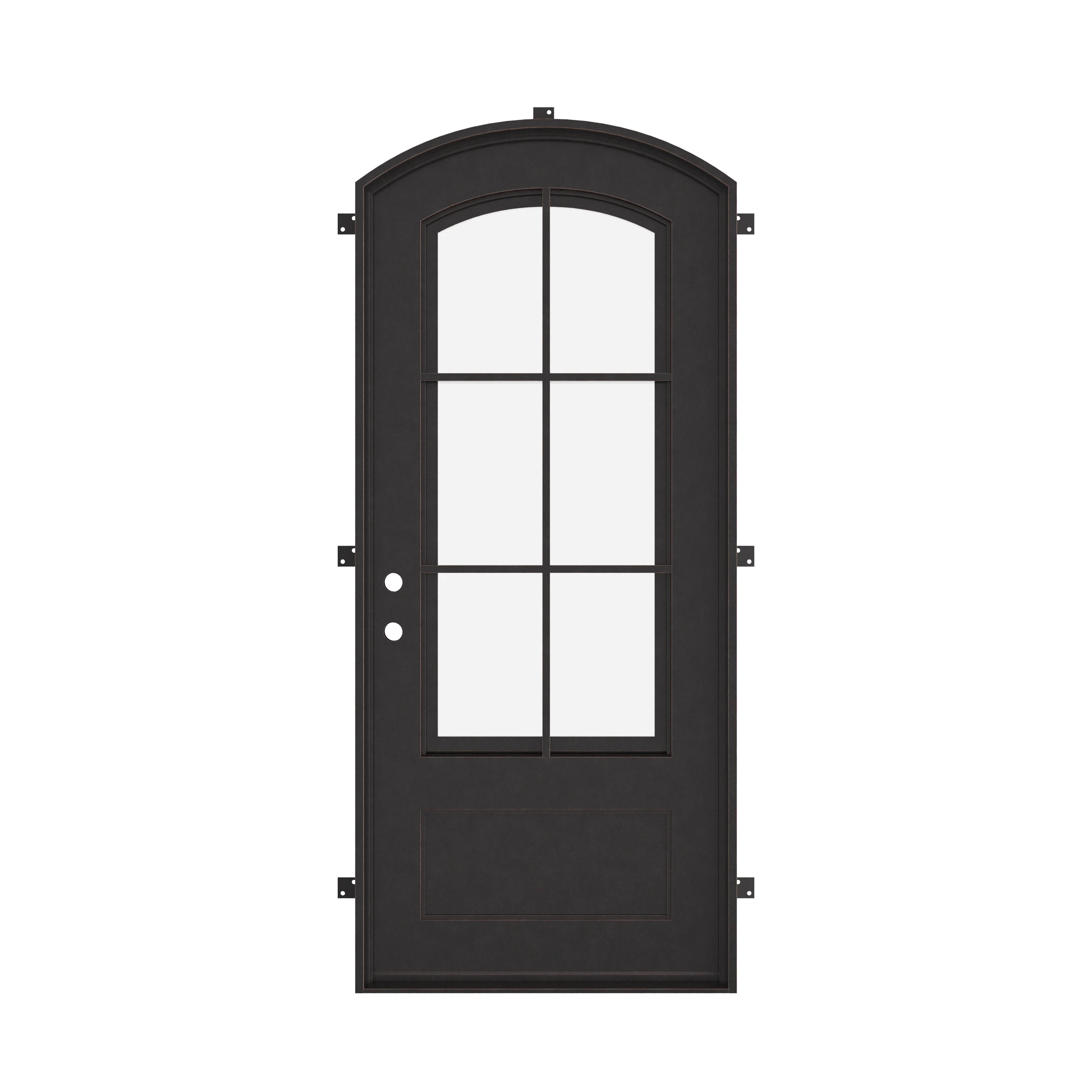 Bristol architectural black iron arch top door with double-pane glass.