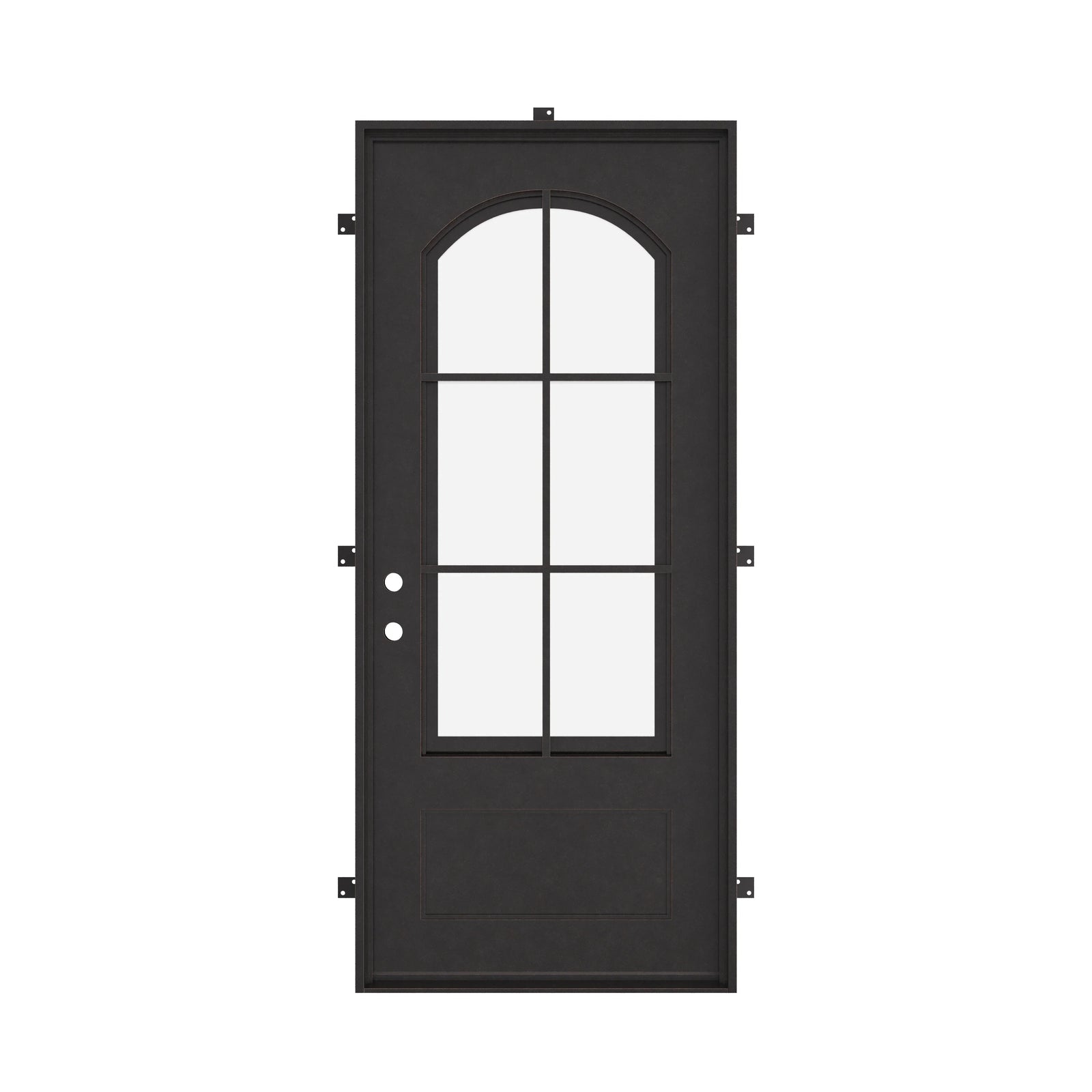 Bristol thermally broken single metal entry door with tempered glass in black.