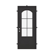 Bristol Bronze color architectural iron flat top single front door with glass.