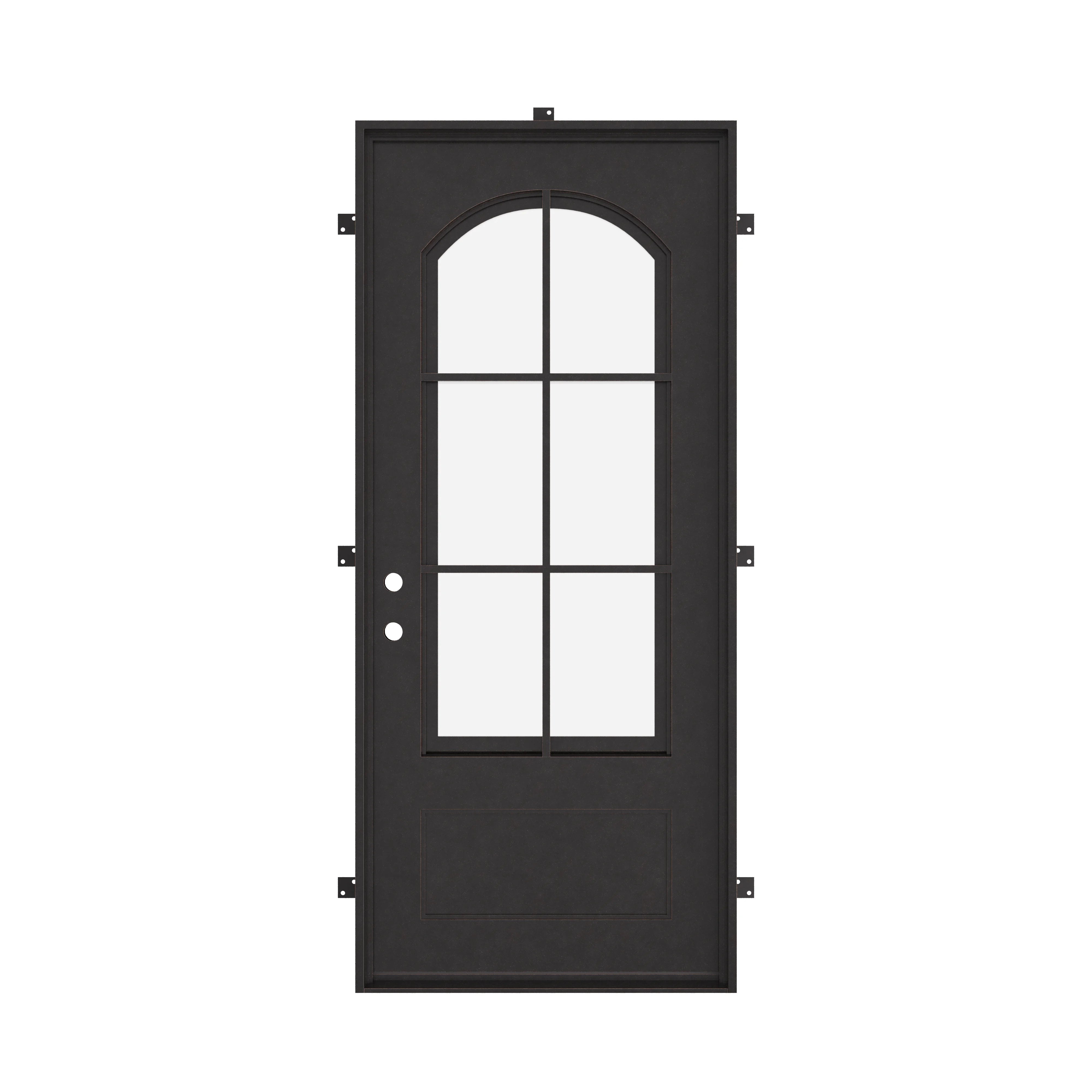 Bristol Bronze color architectural iron flat top single front door with glass.