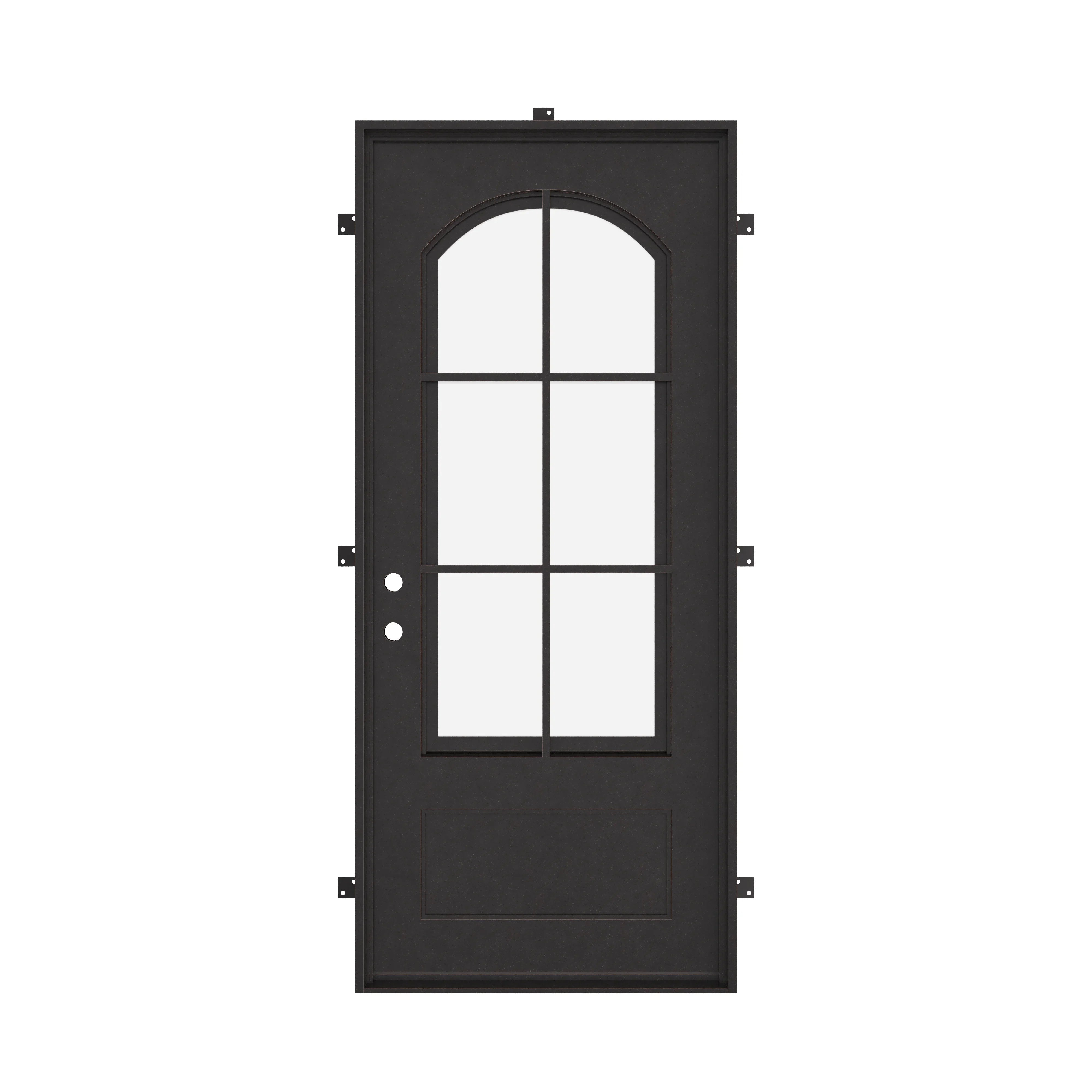 Bristol Bronze color flat top single entry door with thick glass panel.