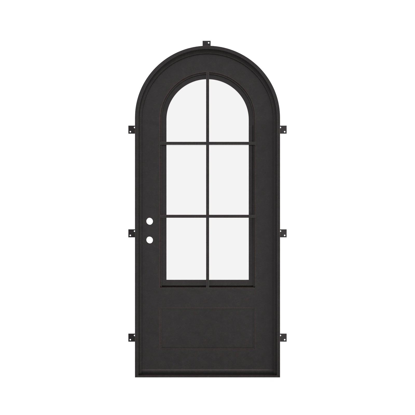 Bristol pre-hung black metal single full arch top door with energy efficient glass.