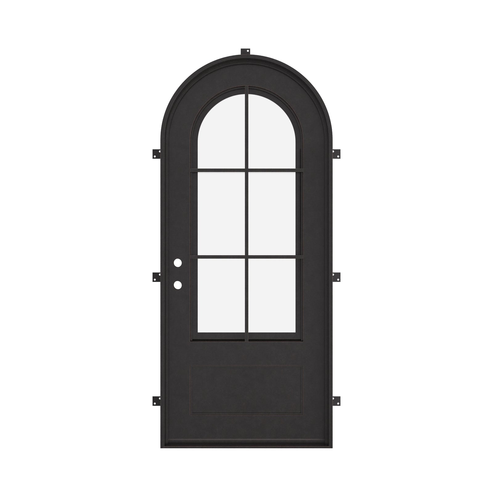 Bristol single round top door with ornate scrollwork and energy efficient glass in bronze color.