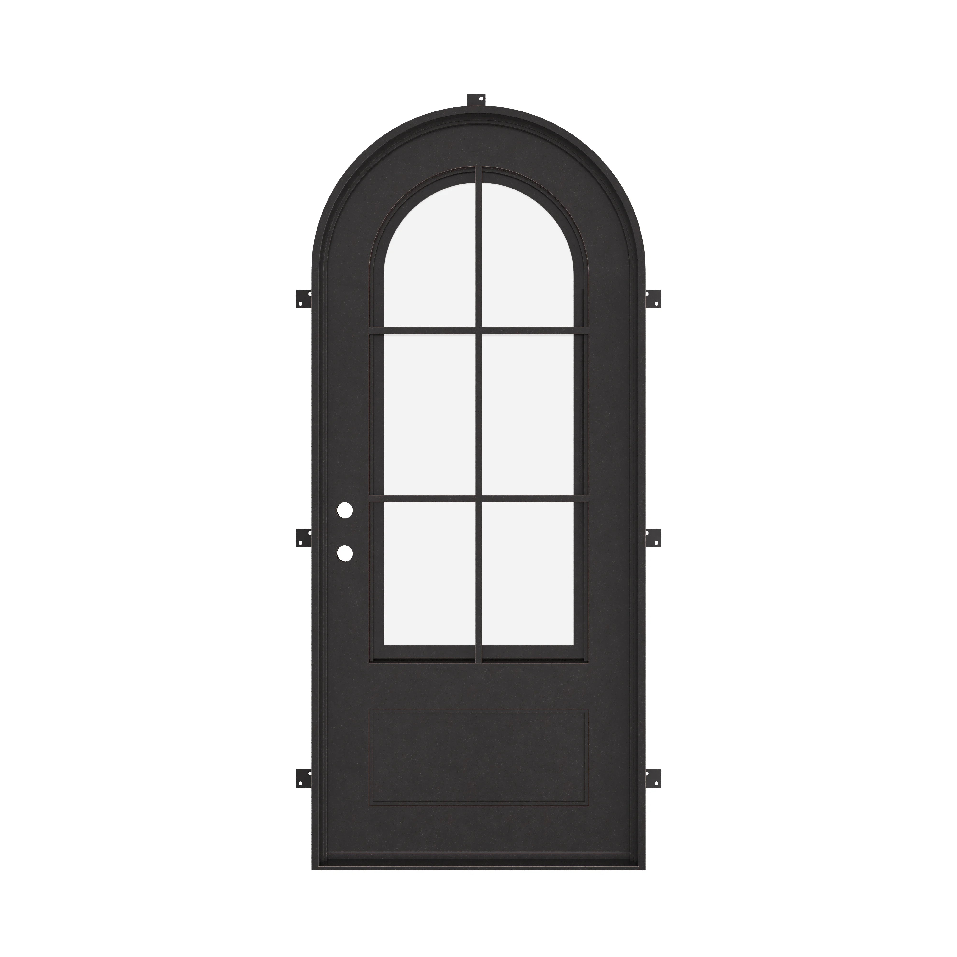 Bristol single round top door with ornate scrollwork and energy efficient glass in bronze color.