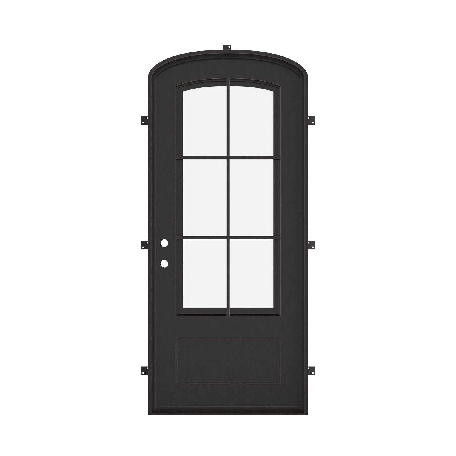 Bristol mini arch top single iron door with simple ironwork and glass.