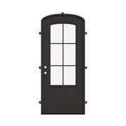 Bristol mini arch top single iron door with simple ironwork and glass.