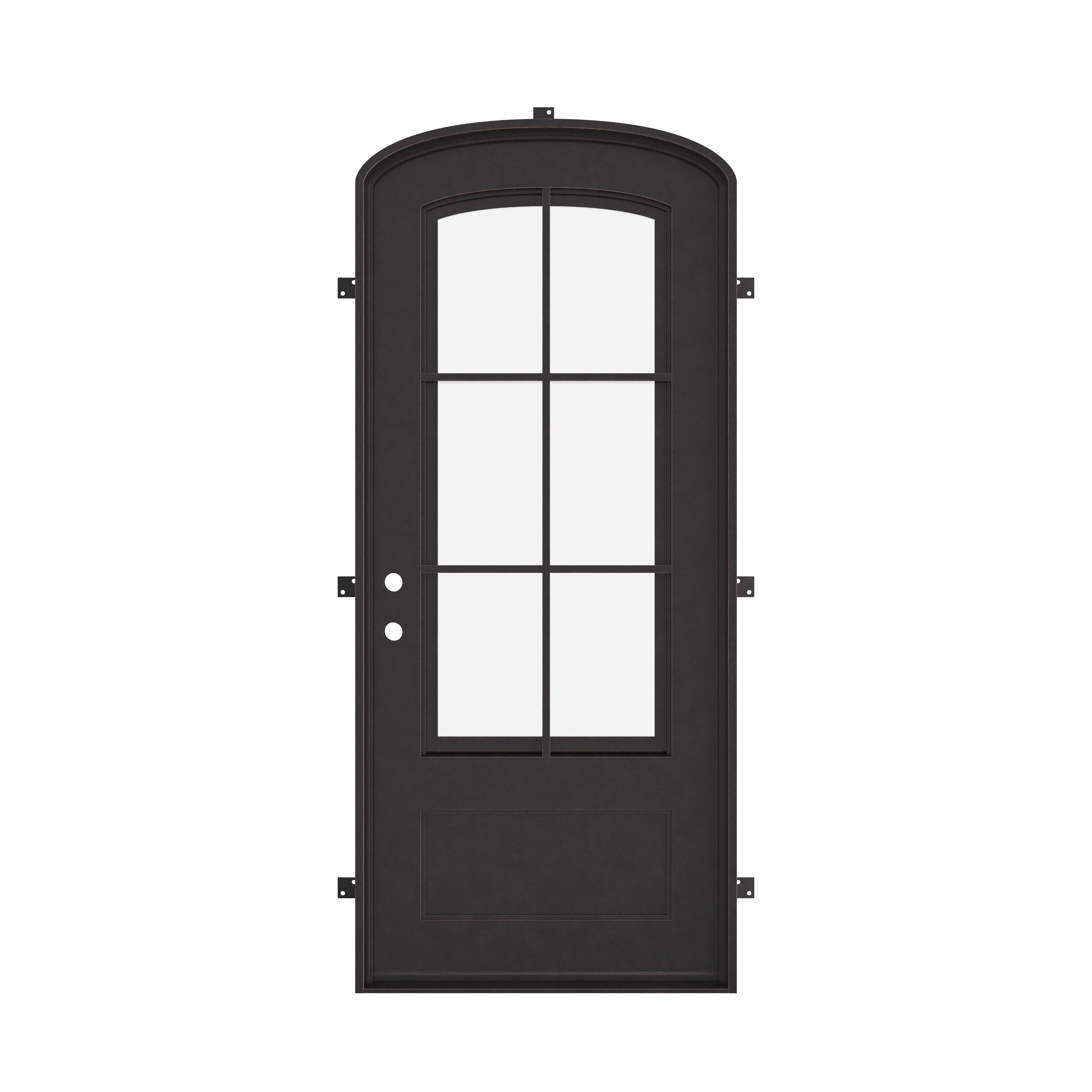 Bristol mini arch top single iron door with simple ironwork and glass.
