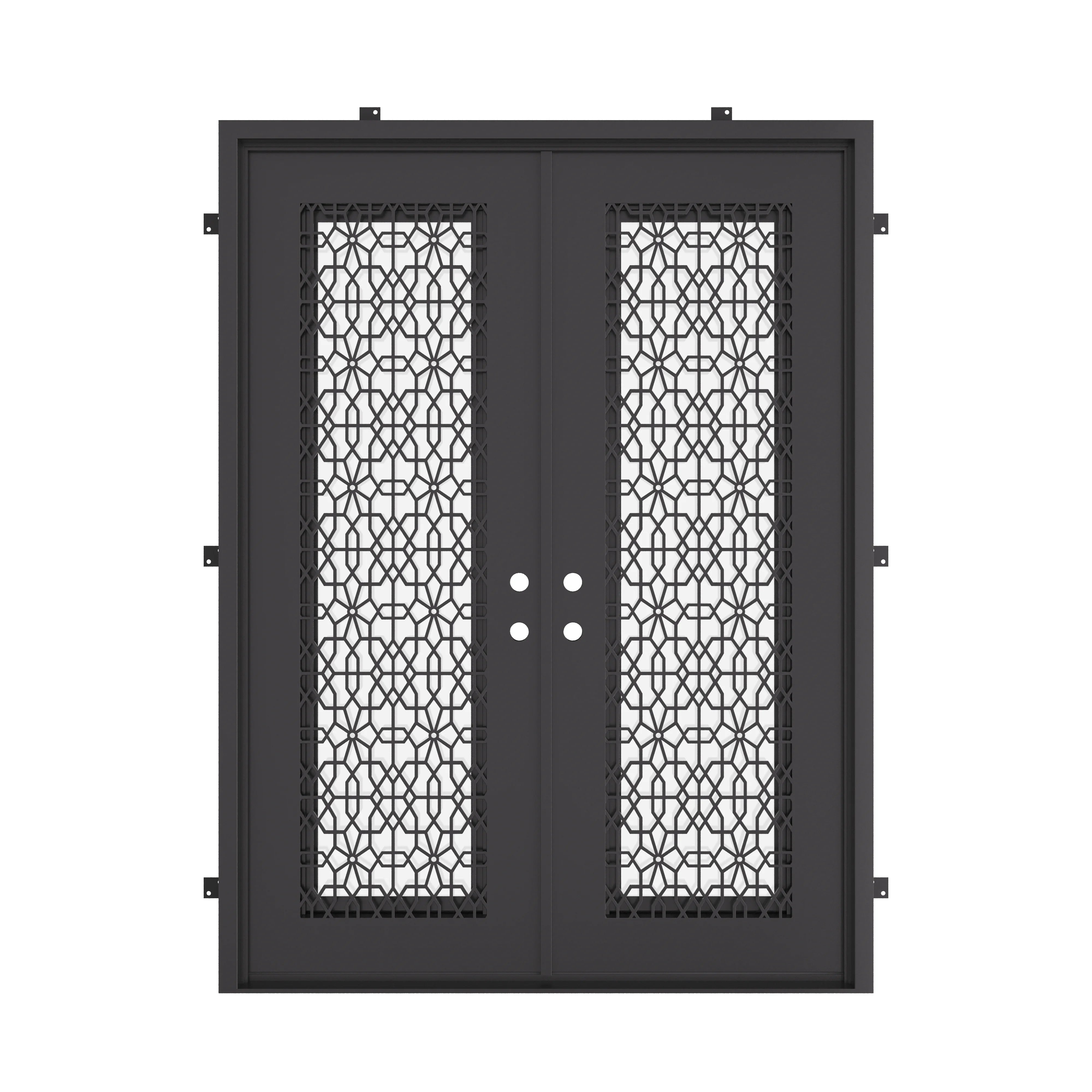DNA’ Door black wrought iron double square top entry door.