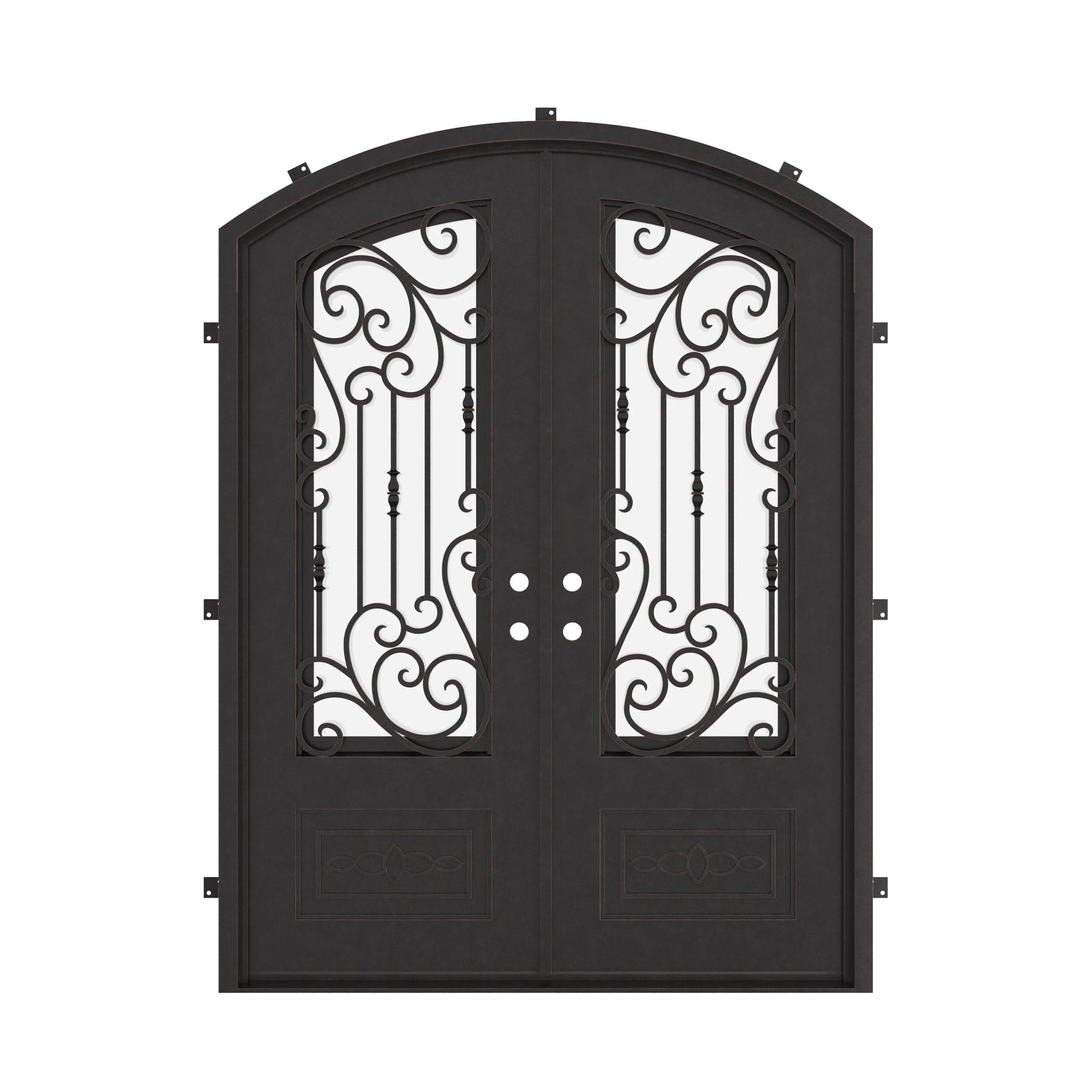 Golden Gate bronze color iron double door with arched style and efficient glass.
