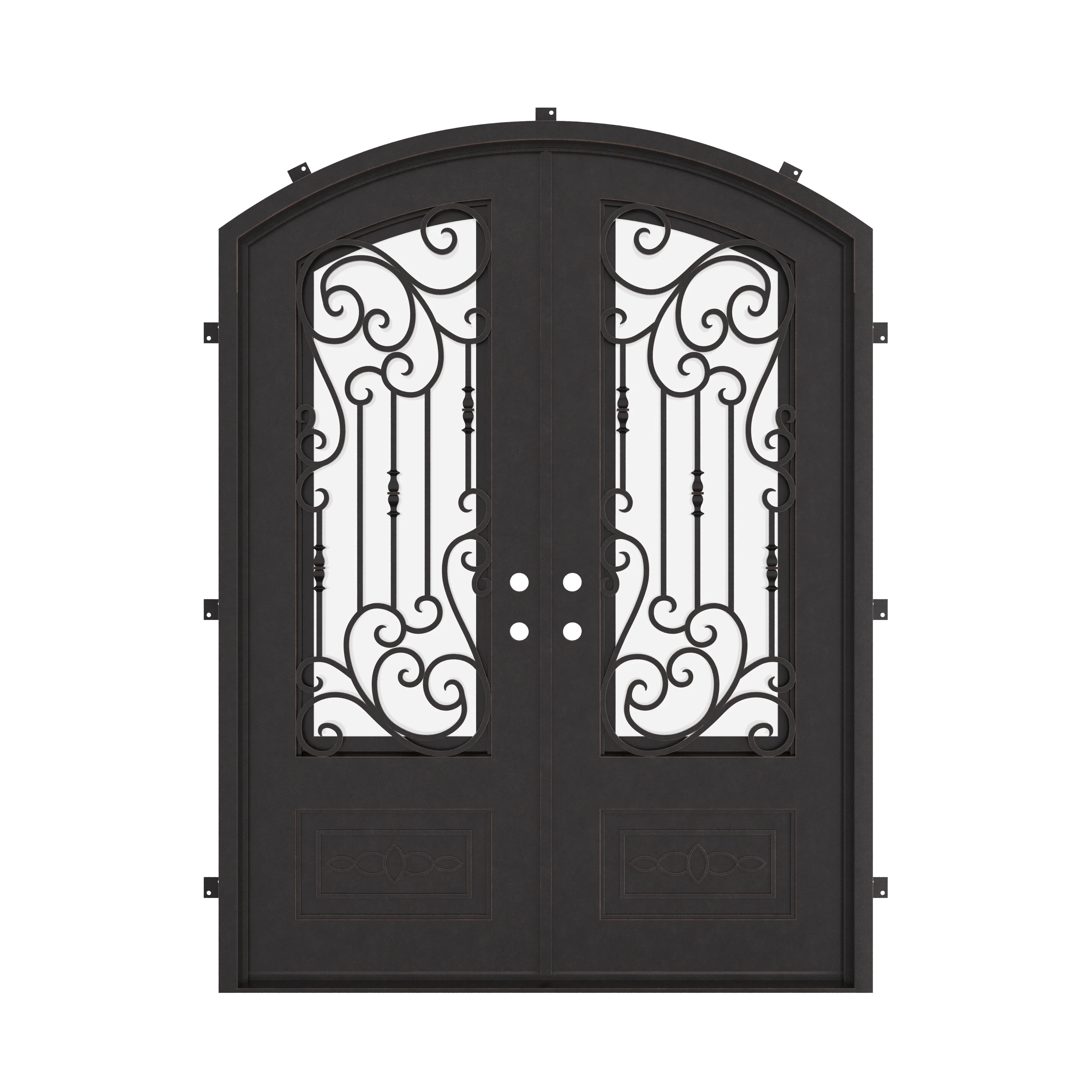 Golden Gate bronze color iron double door with arched style and efficient glass.