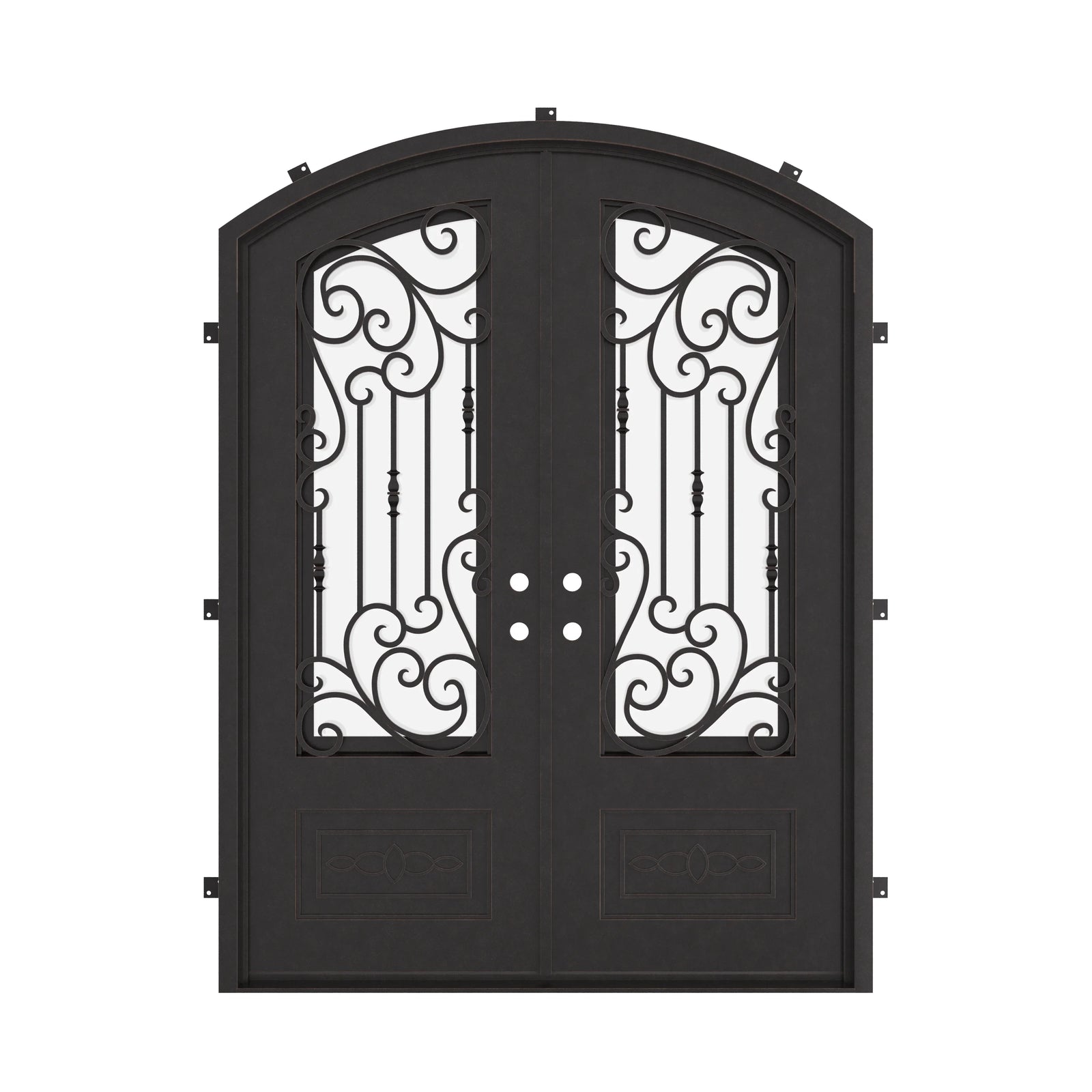 Golden Gate arch top metal entry door with thermal barrier and glass in bronze.