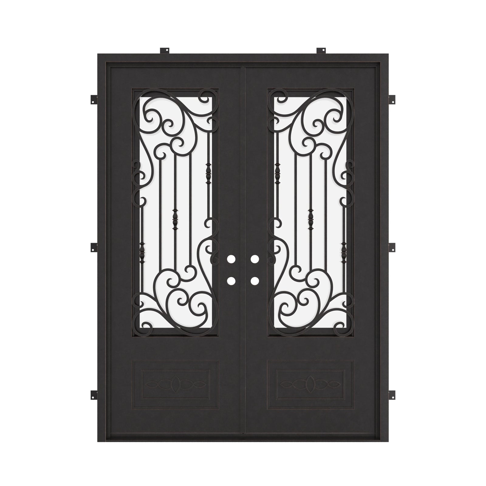 Golden Gate bronze color wrought iron double door with square top and thick glass.