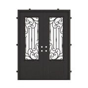 Golden Gate bronze color wrought iron double door with square top and thick glass.