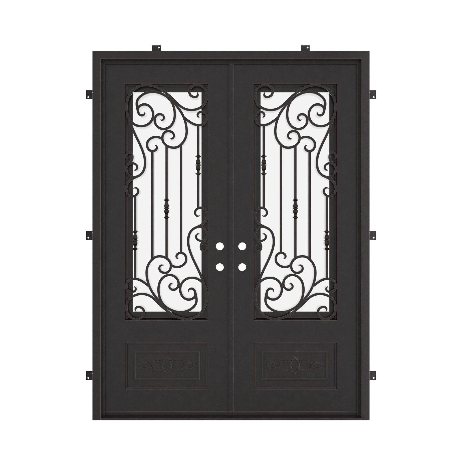 Golden Gate black wrought iron double square top hinged door with ornate scrollwork.