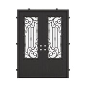 Golden Gate black wrought iron double square top hinged door with ornate scrollwork.