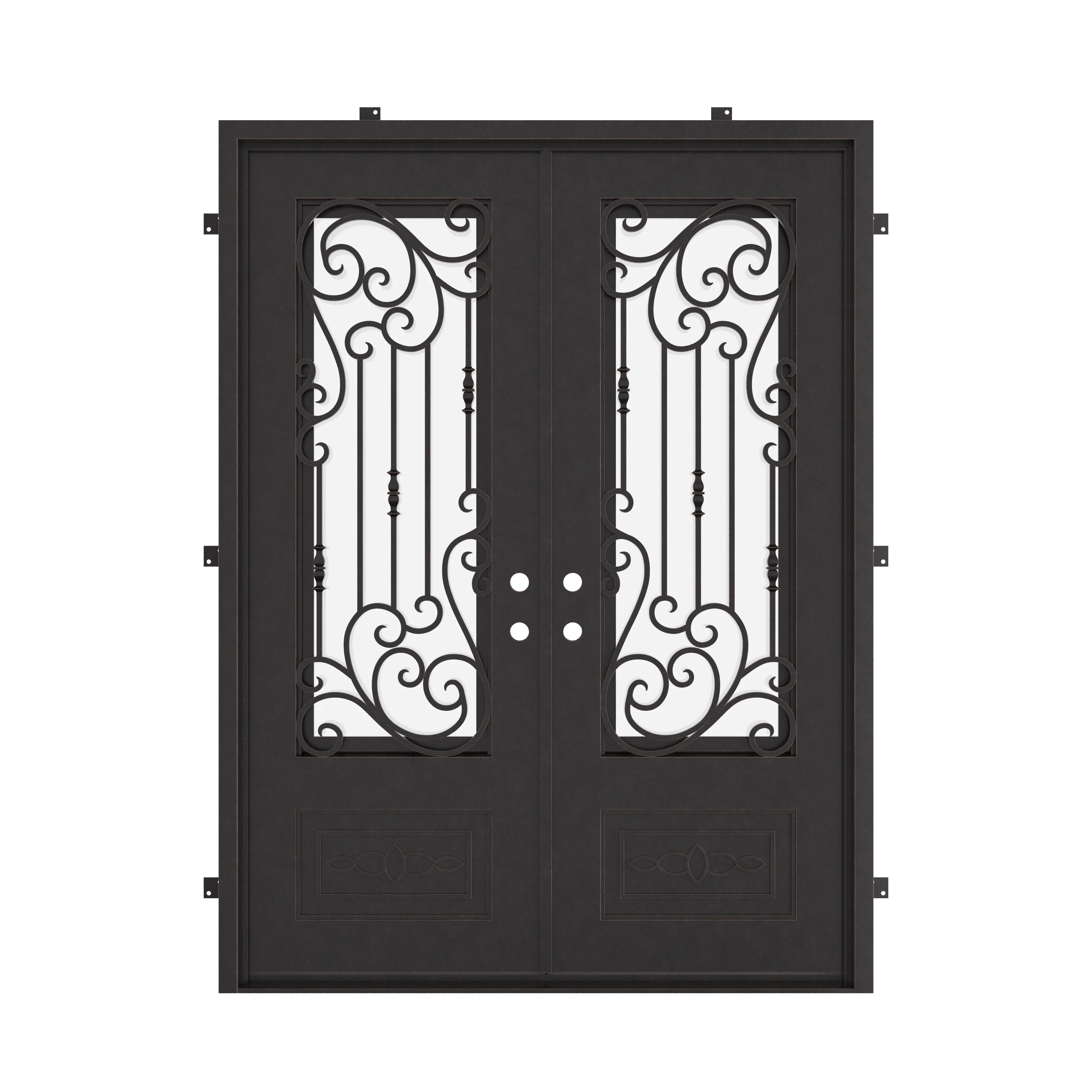 Golden Gate black wrought iron double square top hinged door with ornate scrollwork.
