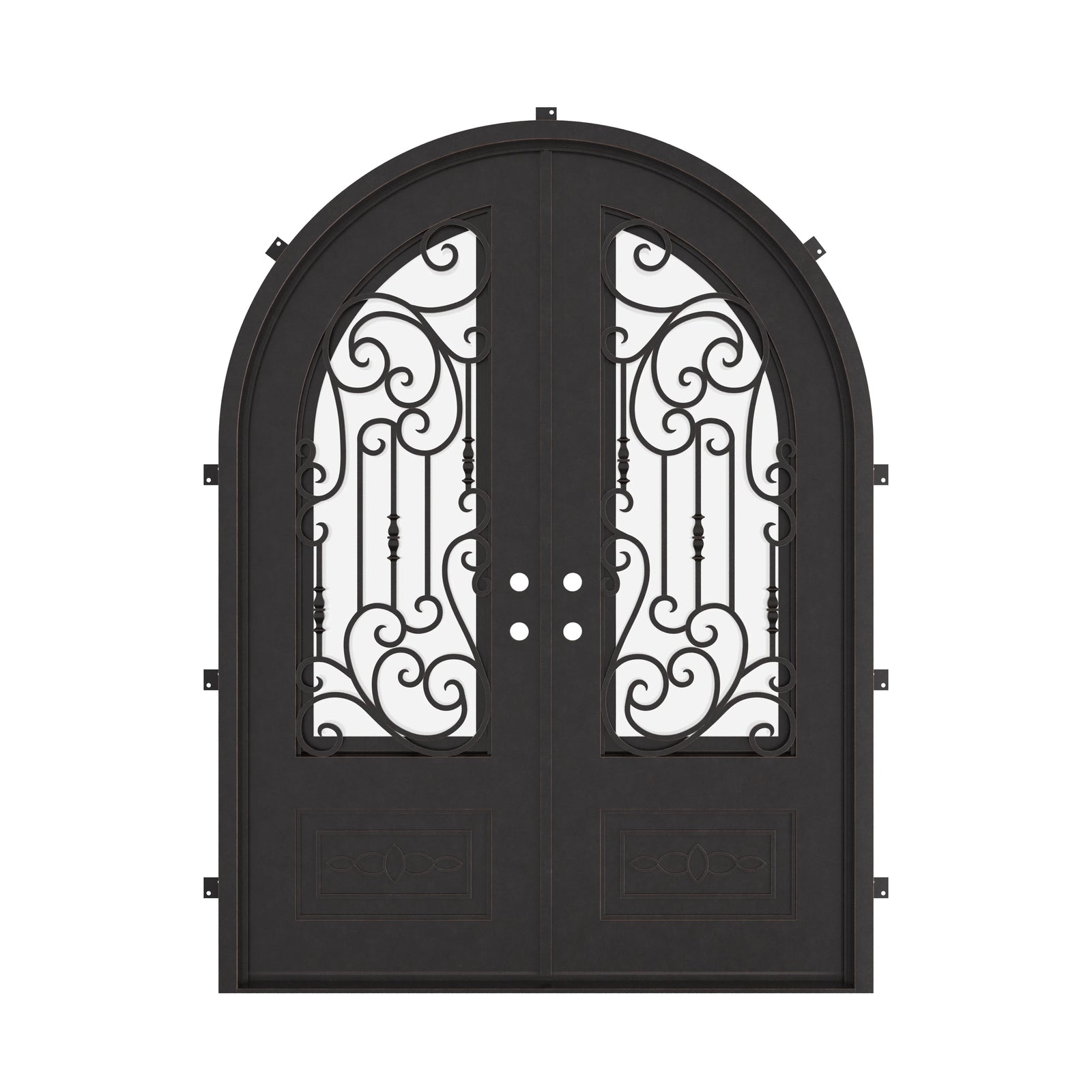 Golden Gate french round top hinged door with hand forged scrollwork and dual-pane glass.