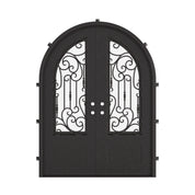 Golden Gate french round top hinged door with hand forged scrollwork and dual-pane glass.