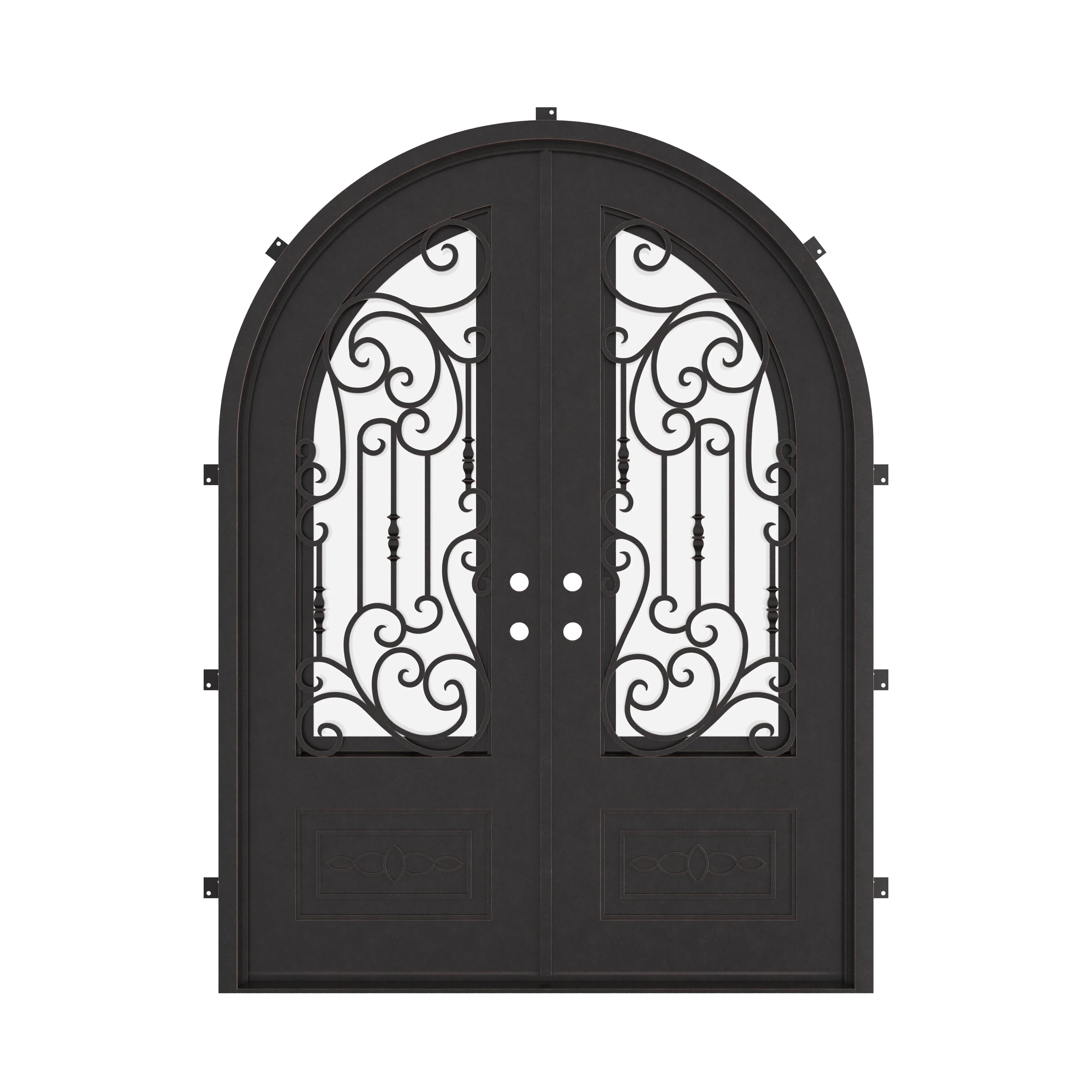 Golden Gate french round top hinged door with hand forged scrollwork and dual-pane glass.