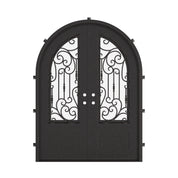 Golden Gate full arch top double swing door with hand forged scrollwork and thick glass.