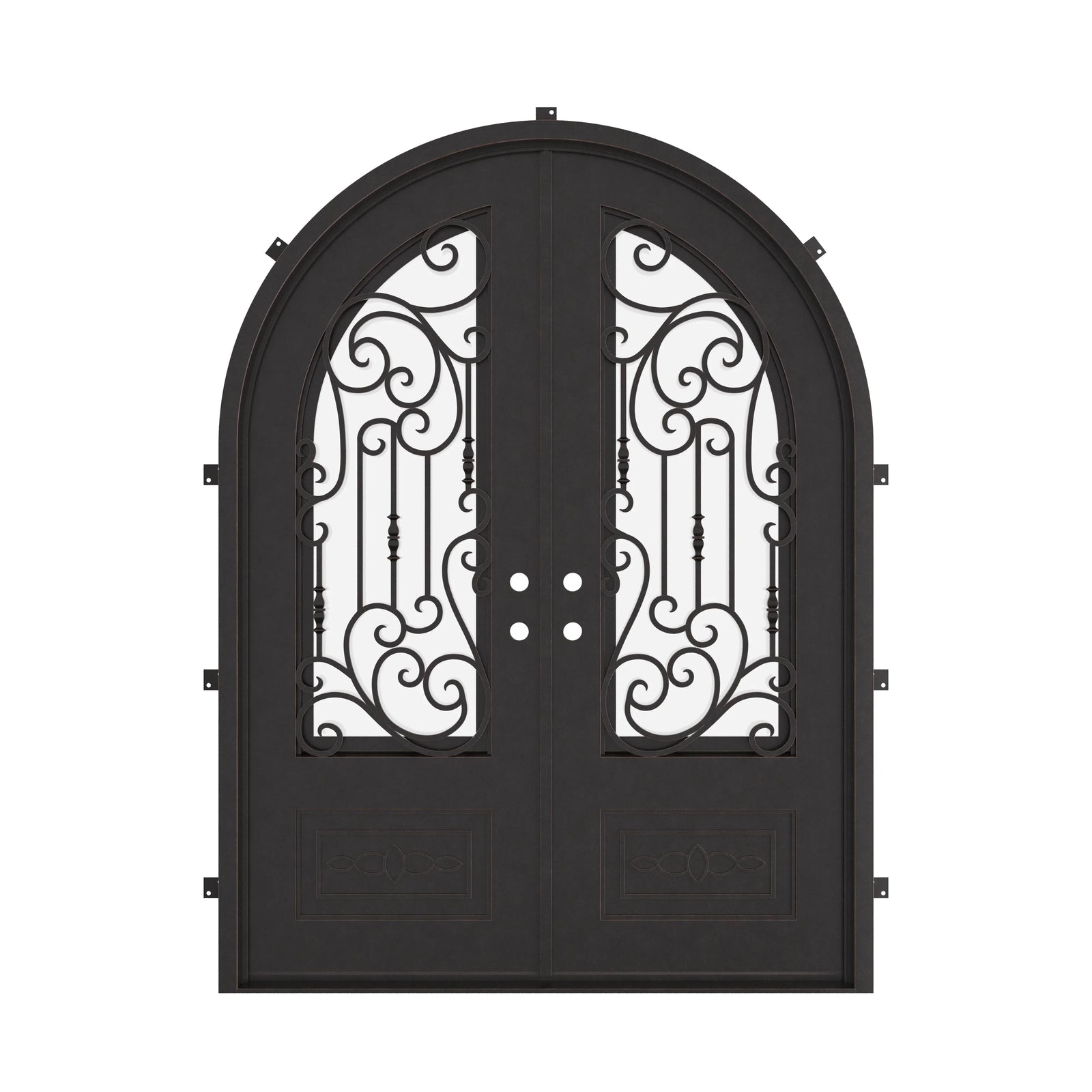 Golden Gate round top iron double door for cold weather with clear glass.