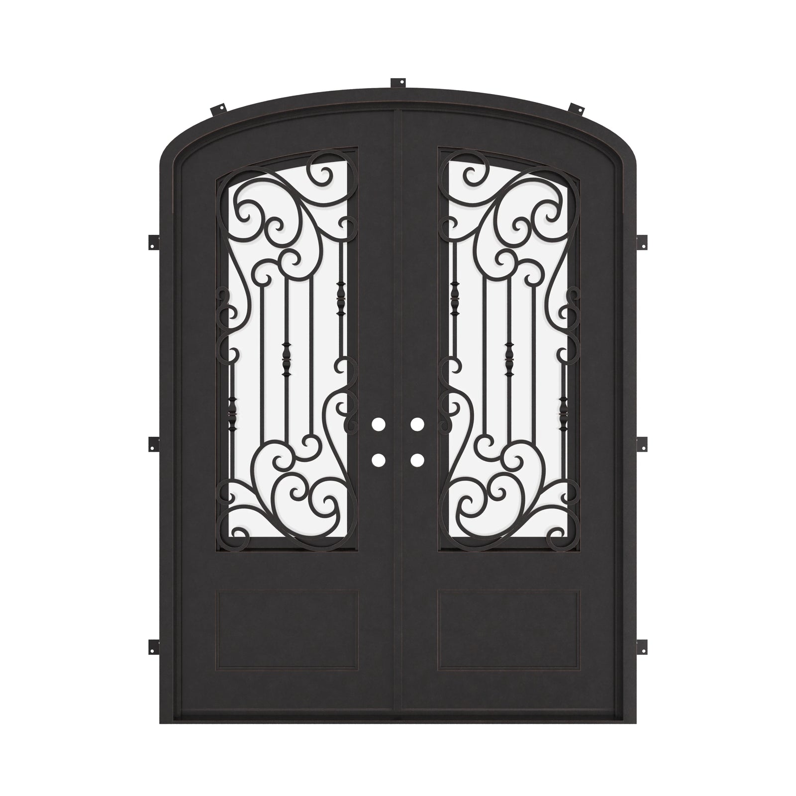 Golden Gate bronze toned iron double door with efficient glass and arched top.