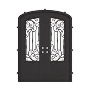 Golden Gate bronze toned iron double door with efficient glass and arched top.
