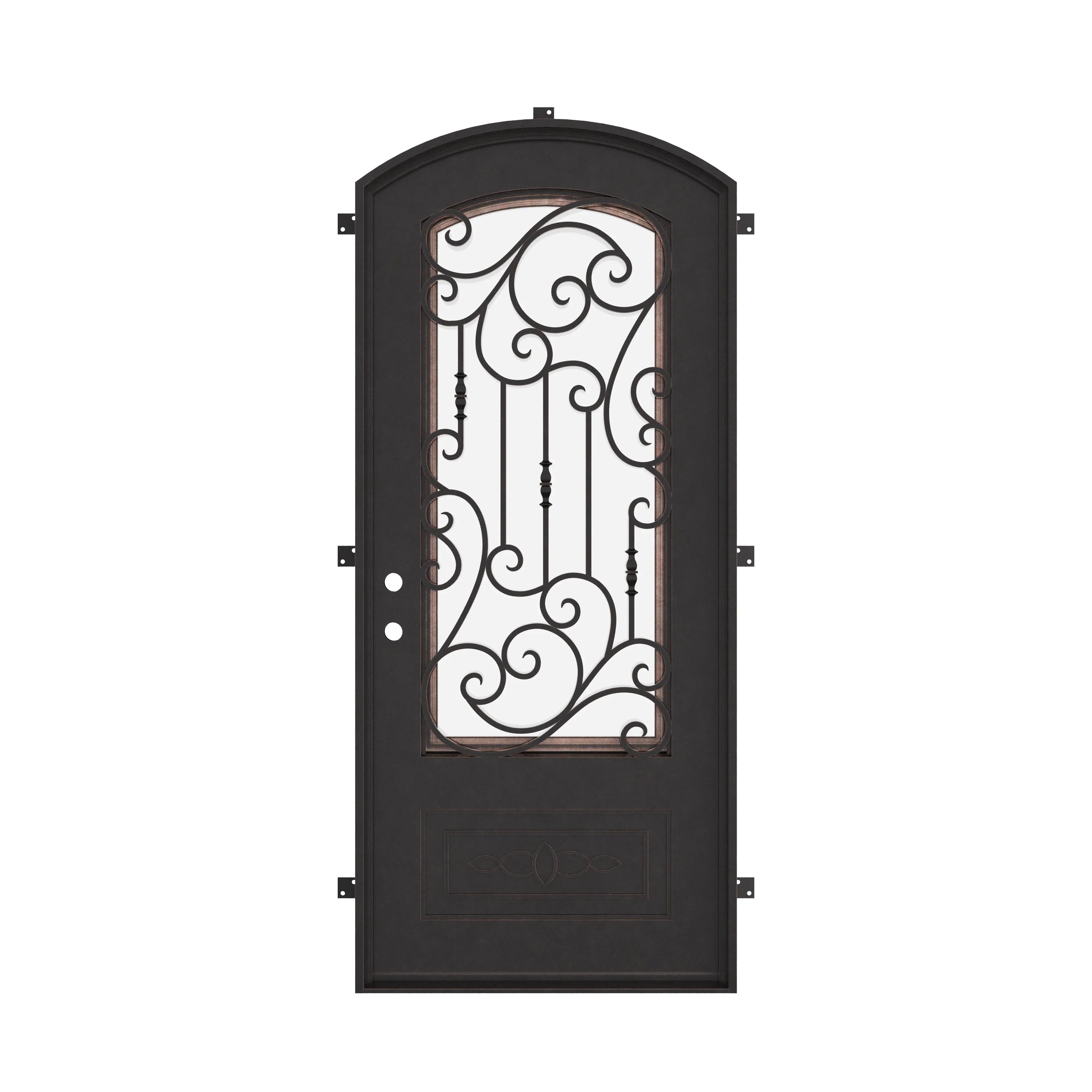 Golden Gate bronze finished arch top iron single exterior door.