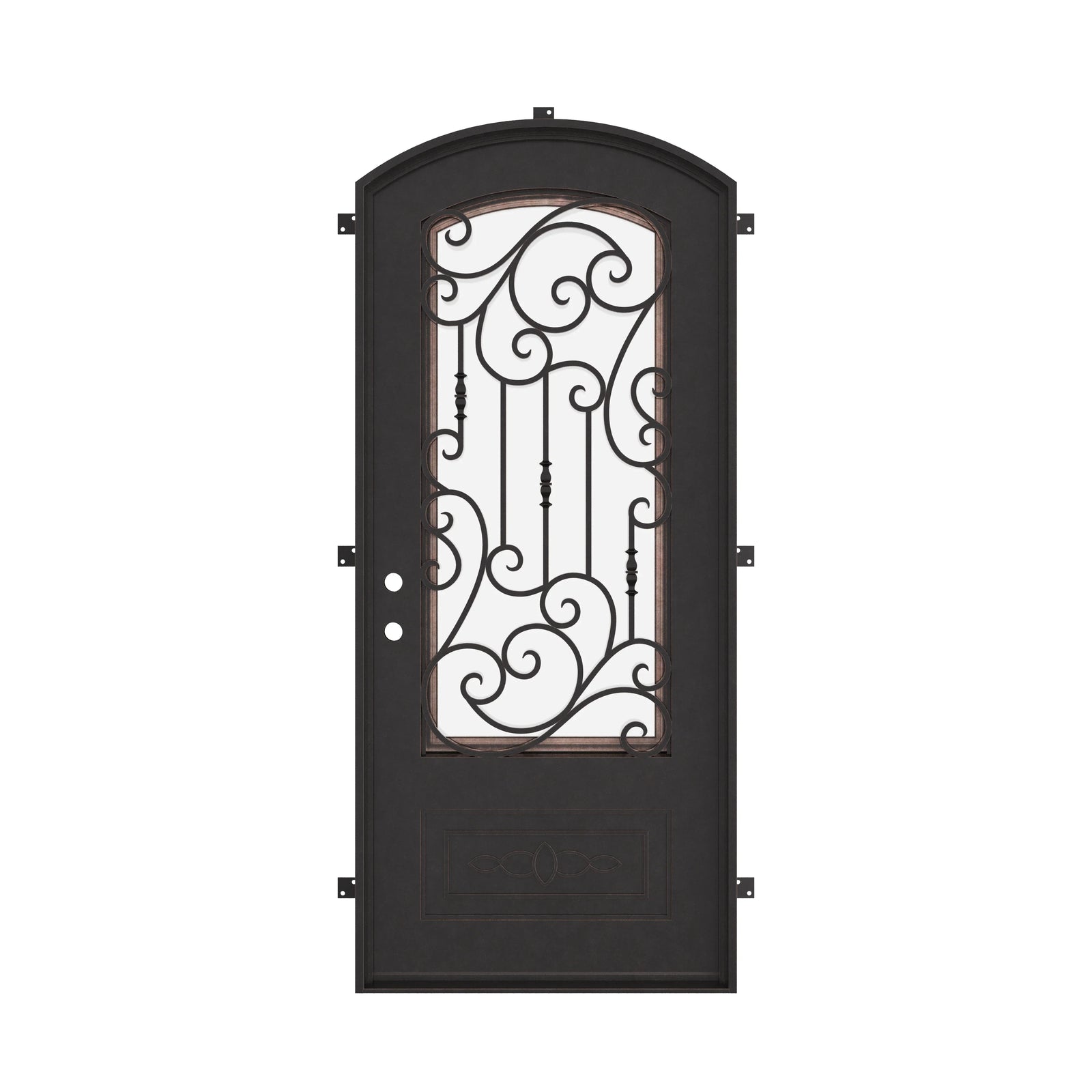 Golden Gate bronze color metal single arch top door with dual-pane glass.