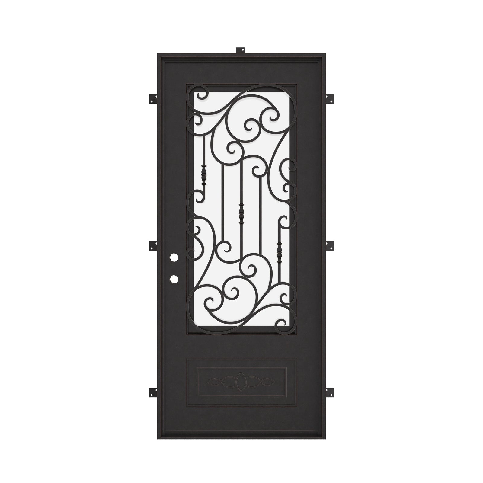 Golden Gate single flat door with thermal break and decorative ironwork in black.