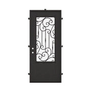 Golden Gate single flat door with thermal break and decorative ironwork in black.